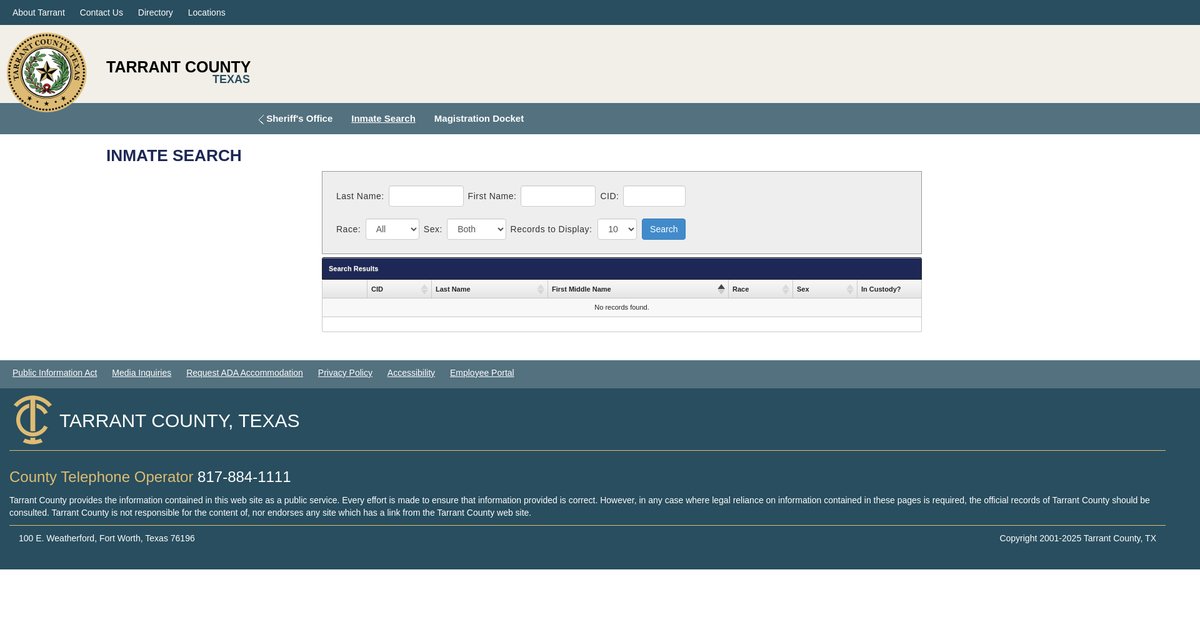 Preview of inmatesearch.tarrantcounty.com